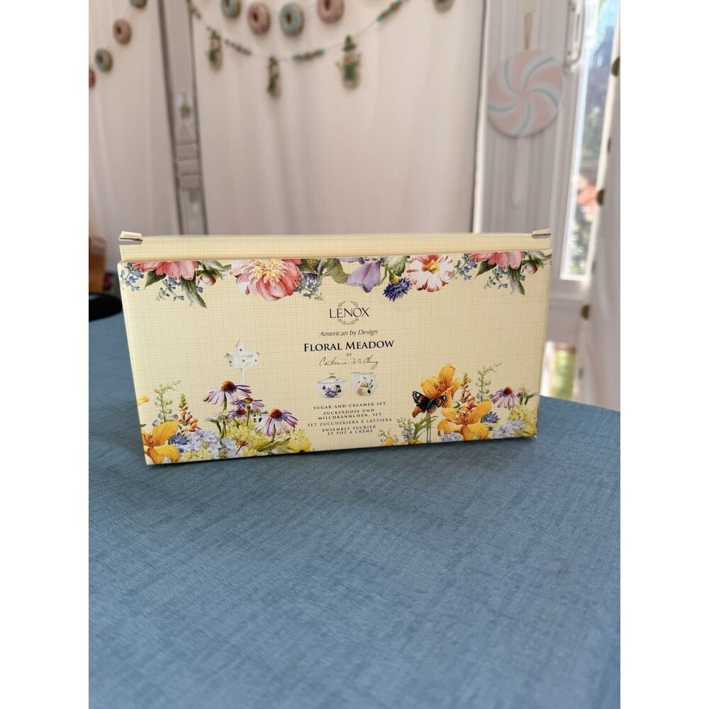 NIB Lenox Floral Meadow Sugar Bowl w Lid & Creamer Floral Porcelain 2 Pc Set